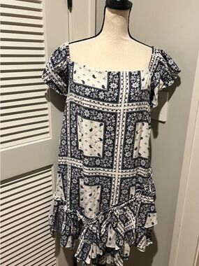 cinq a sept Navy and White Patchprint Square-Neck Ruffle Mini Dress